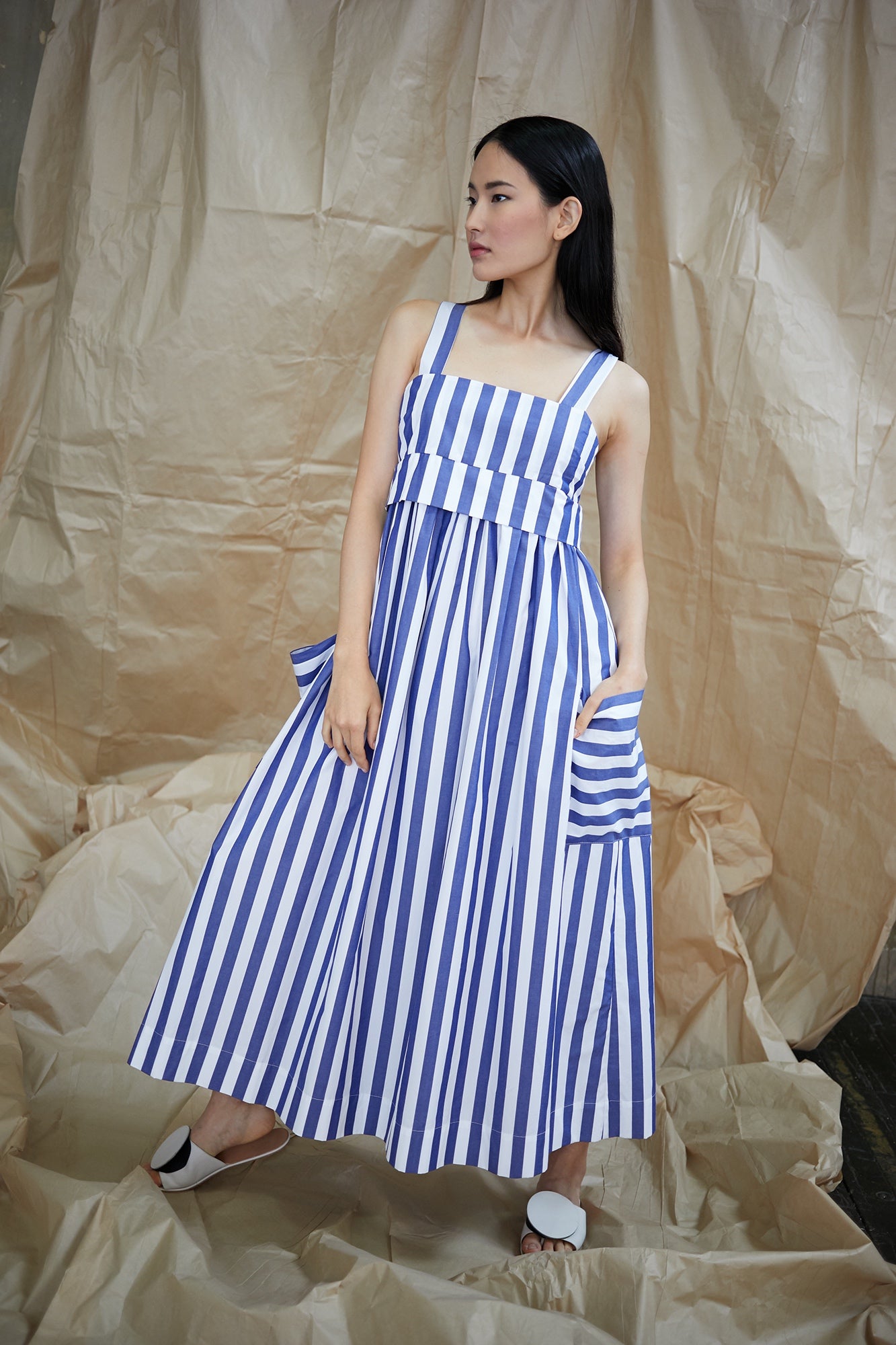 Pocket Dress in Blue and White Vertical Stripes WHIT Pocket Dress in Blue and White Vertical Stripes WHIT