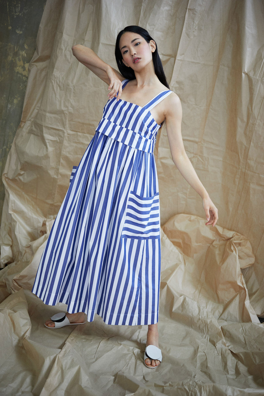 Pocket Dress in Blue and White Vertical Stripes