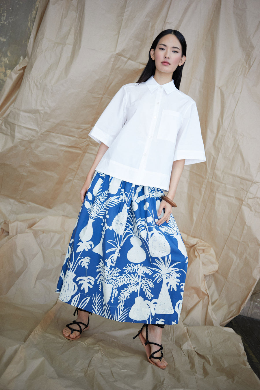 Kimani Skirt in Potted Plant Print Blue/White