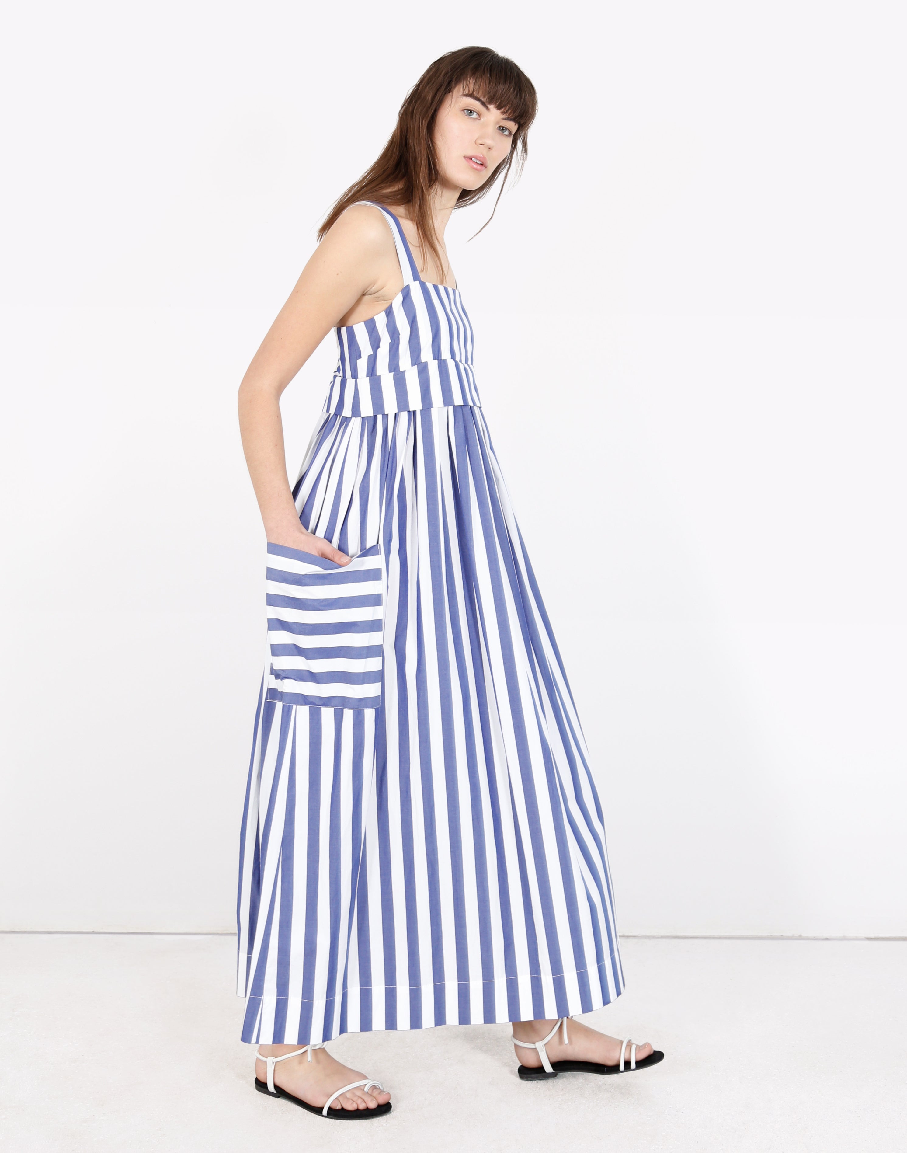 Pocket Dress in Blue and White Vertical Stripes – WHIT