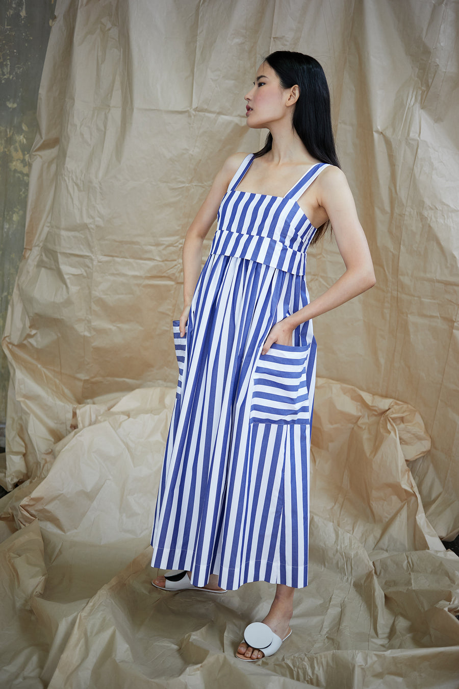 Pocket Dress in Blue and White Vertical Stripes WHIT Pocket Dress in Blue and White Vertical Stripes WHIT