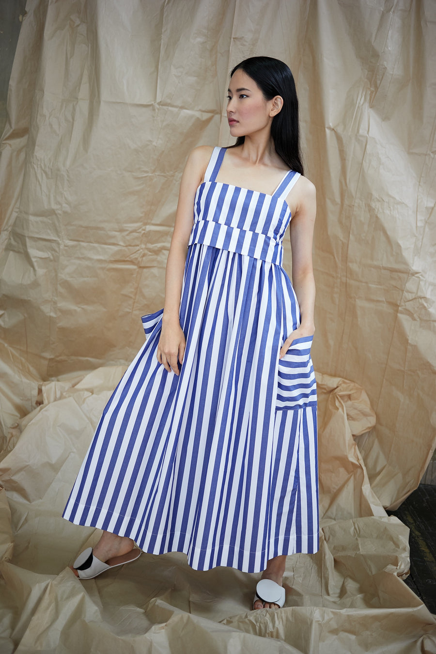 Pocket Dress in Blue and White Vertical Stripes WHIT Pocket Dress in Blue and White Vertical Stripes WHIT