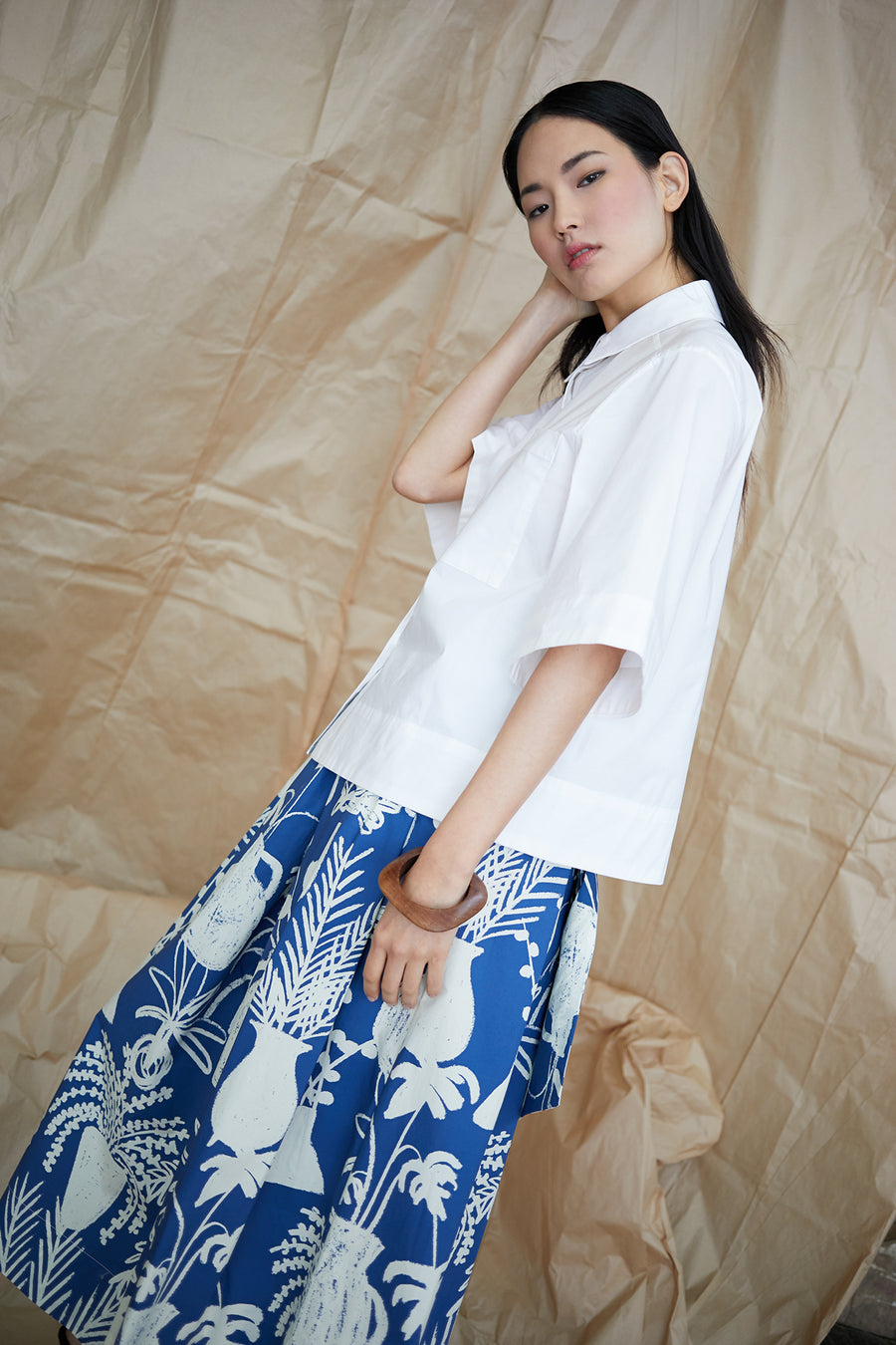 Kimani Skirt in Potted Plant Print Blue/White